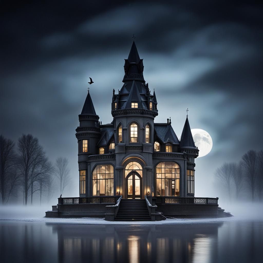 Misty Glass Castle on Winter Lake at Night