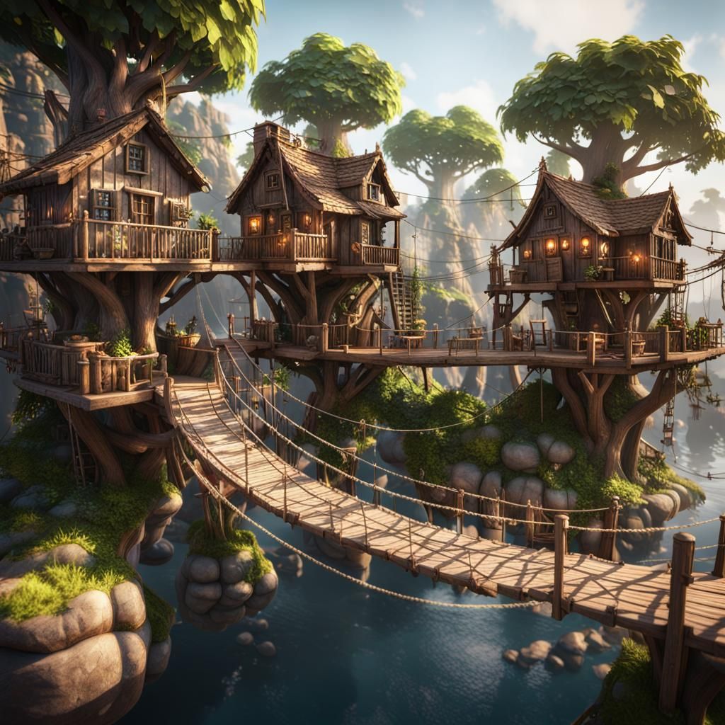 Miniature Treehouse Town on Window Shelf in 3D