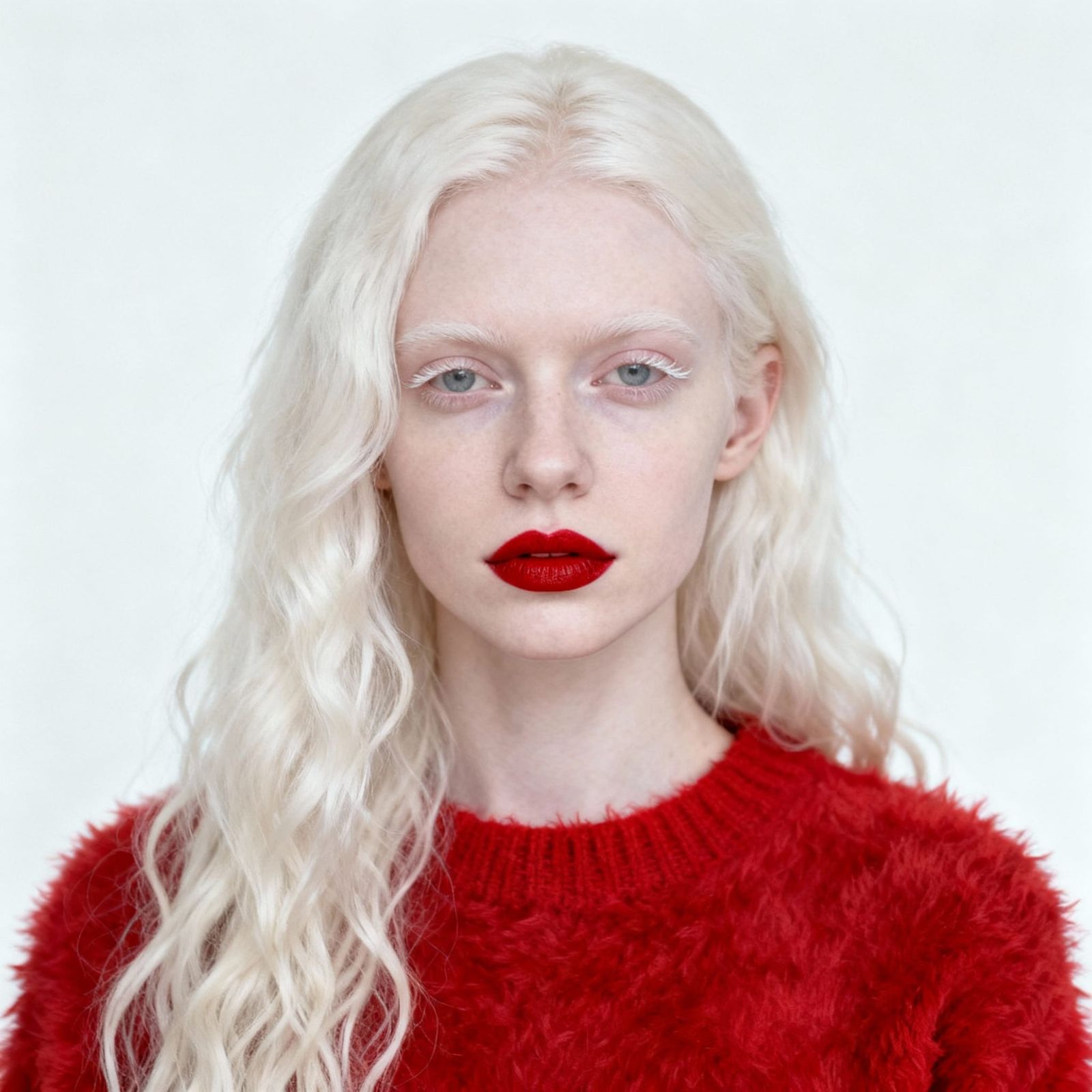 Albino Woman Portrait with Red Lipstick and Sweater