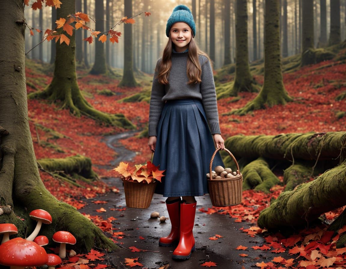Girl Forages for Mushrooms in Autumn Forest