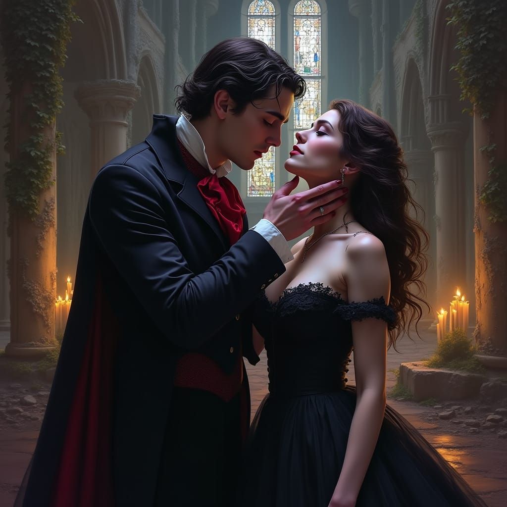 Gothic Vampire Scene in Ruined Cathedral