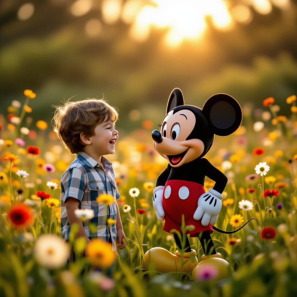 Jindra Laughs with Mickey Mouse in Sunlit Meadow
