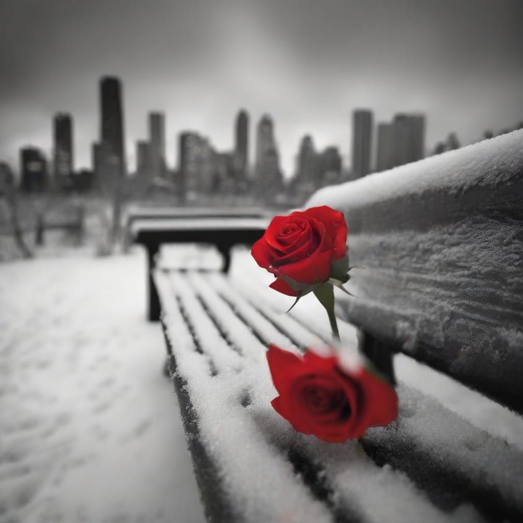 Frozen Rose on Park Bench: Glitchcore Surrealism