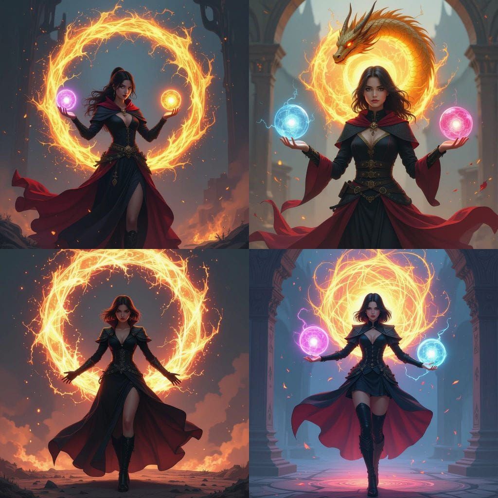 Dark Fantasy Art: Girl with Arcane Energy and Golden Dragon