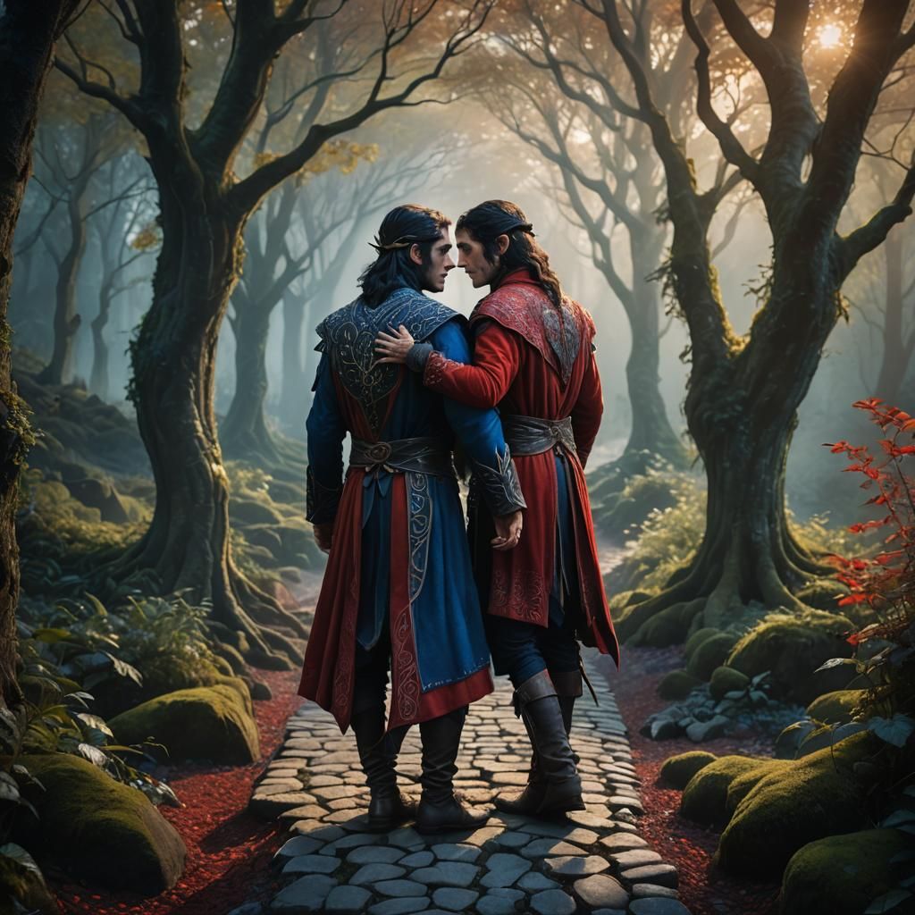 Standing on a pathway, is a tall male elf with very long bla...