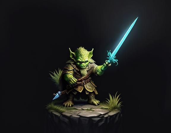 Goblin Wielding Sword in Dimly Lit Cave