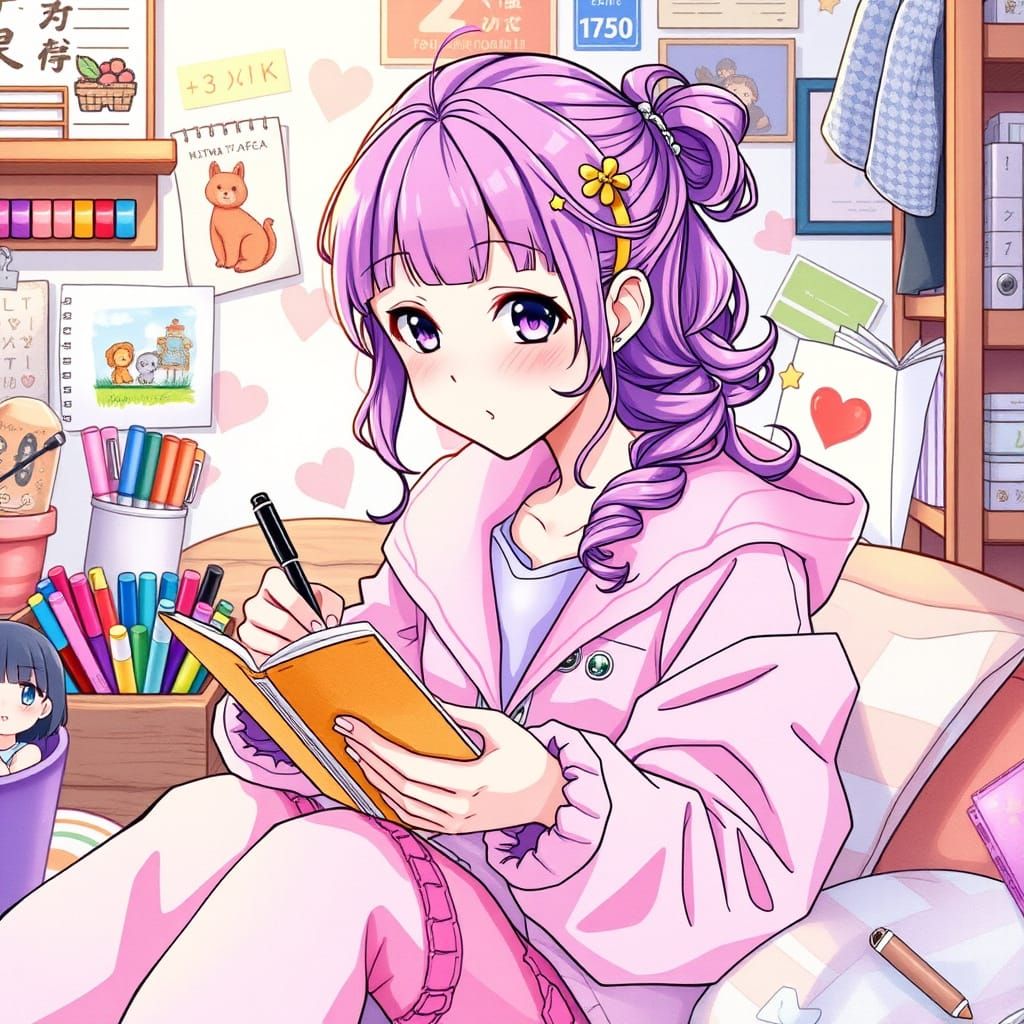 Whimsical Teenage Girl Journaling in a Colorful Sanctuary