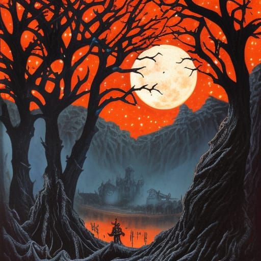 Grim Dark Fantasy Forest Under a Glittering Moon
