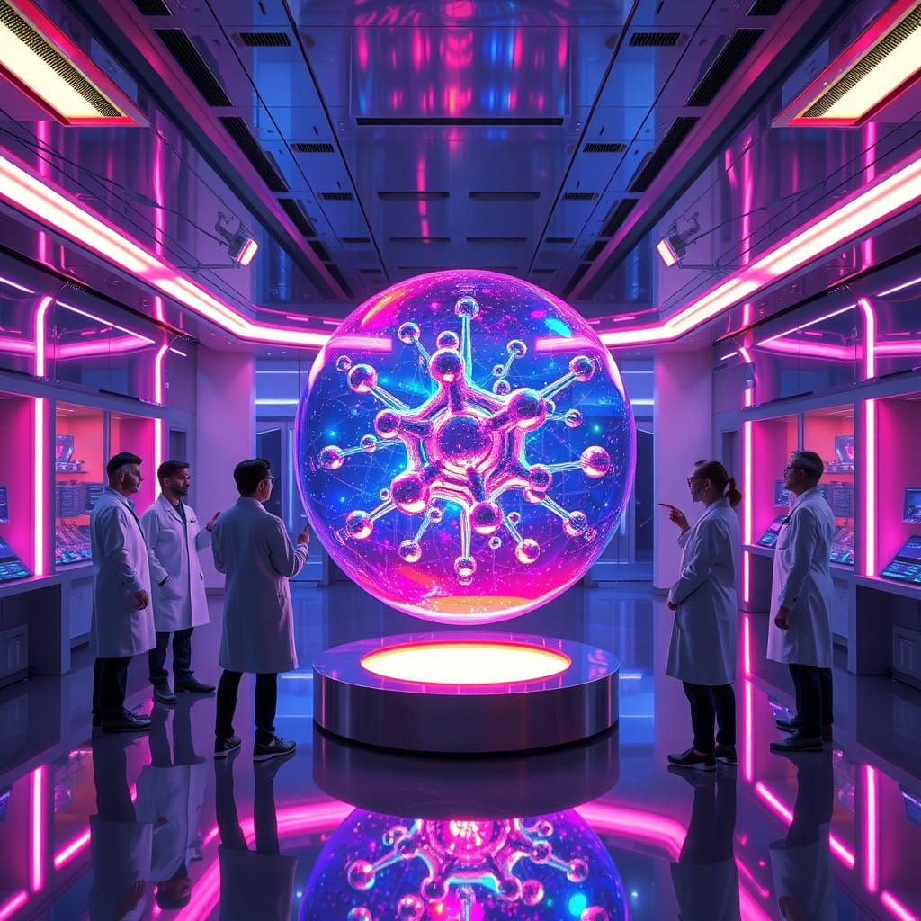 Futuristic Scientists Investigate a Vibrant Holographic Mole...