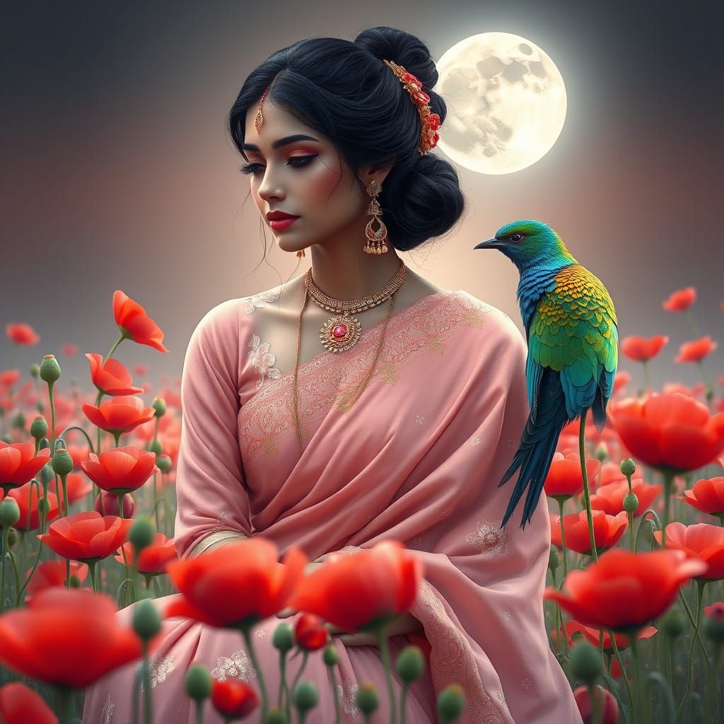 Ethnic Goddess Amongst Vibrant Poppies in Dreamlike Scene