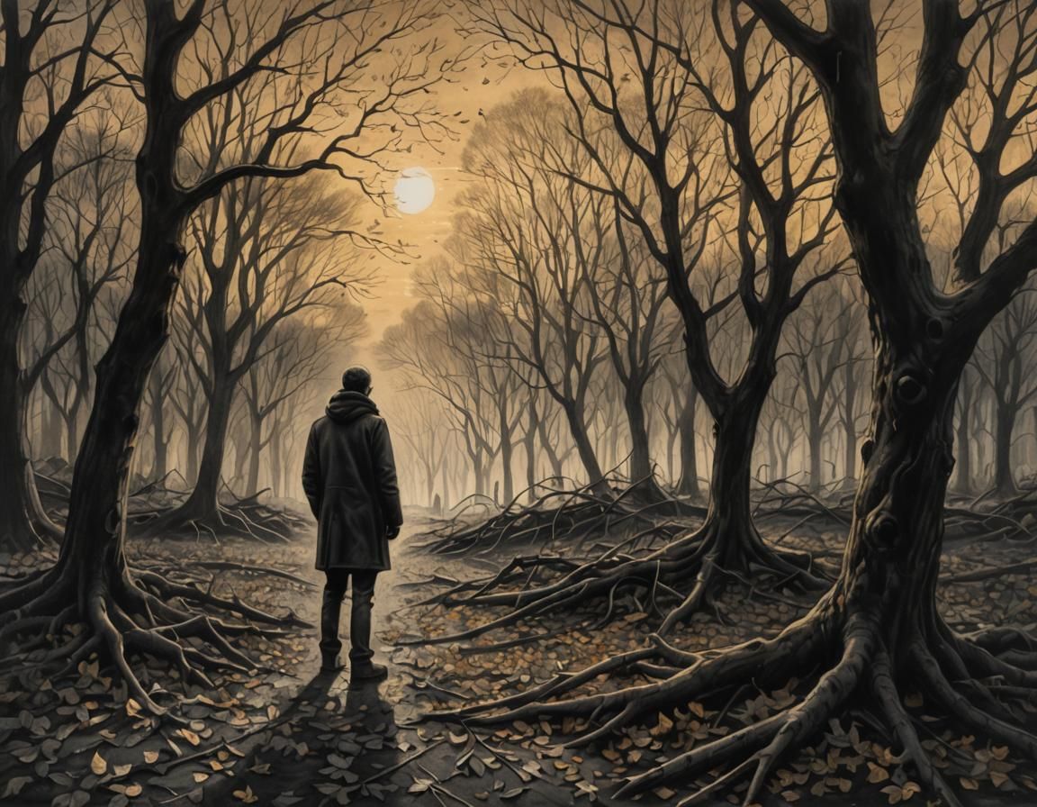 Charcoal Drawing of Lone Figure in Autumn Landscape