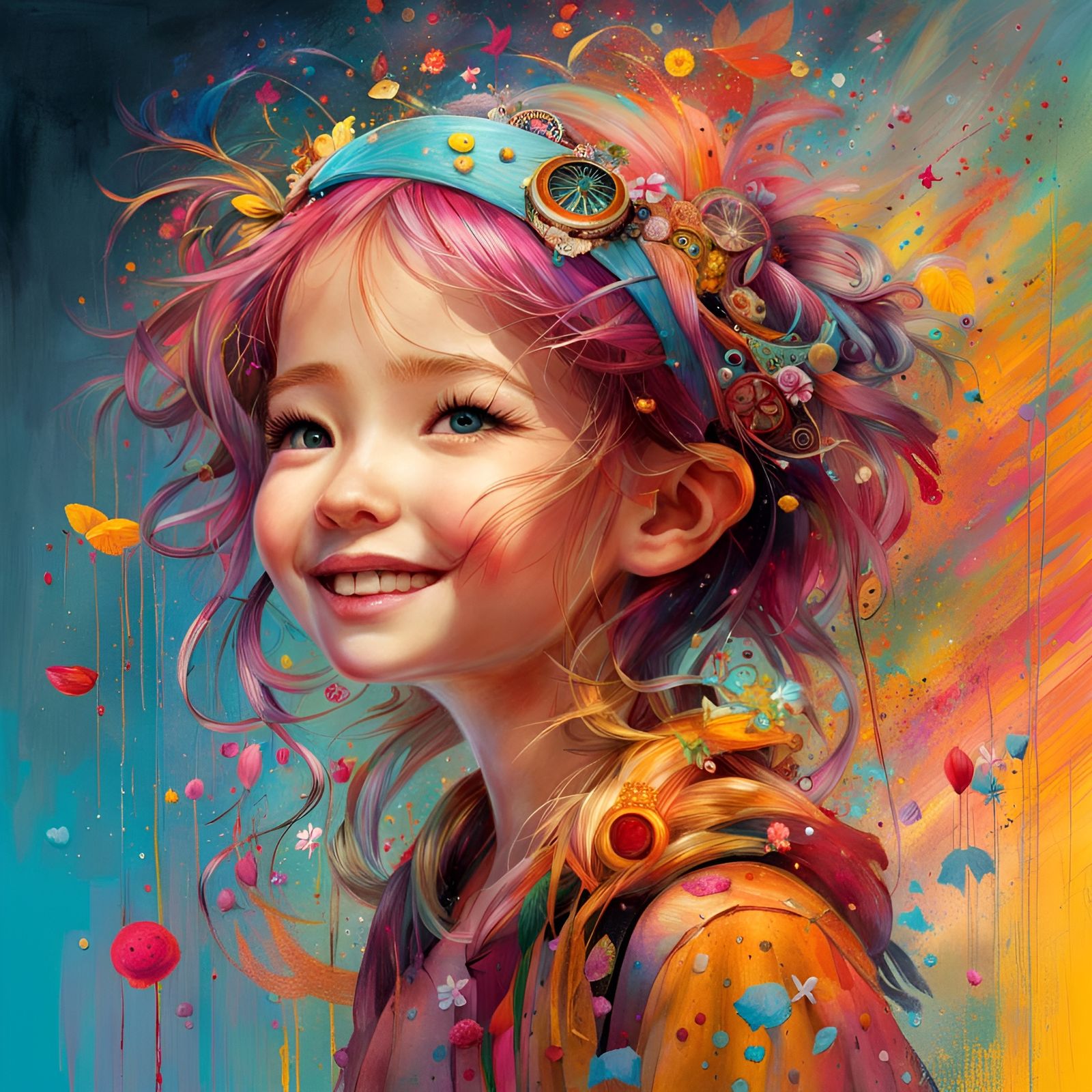 Joyous Girl in Vibrant Art Brut Style