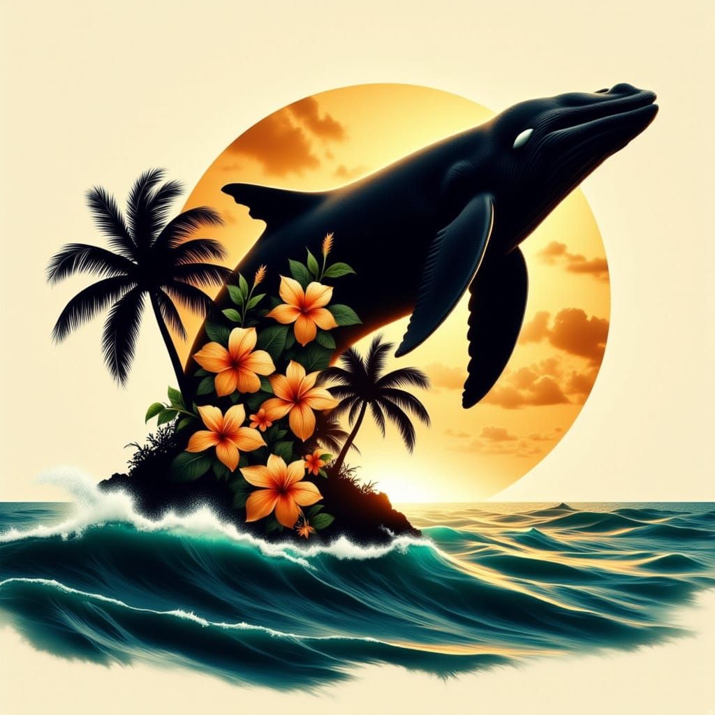 <lora:BlackGold silhouette:1.0> <lora:double exposure of:1.0> double exposure- black silhouette of a breaching whale, Ju...