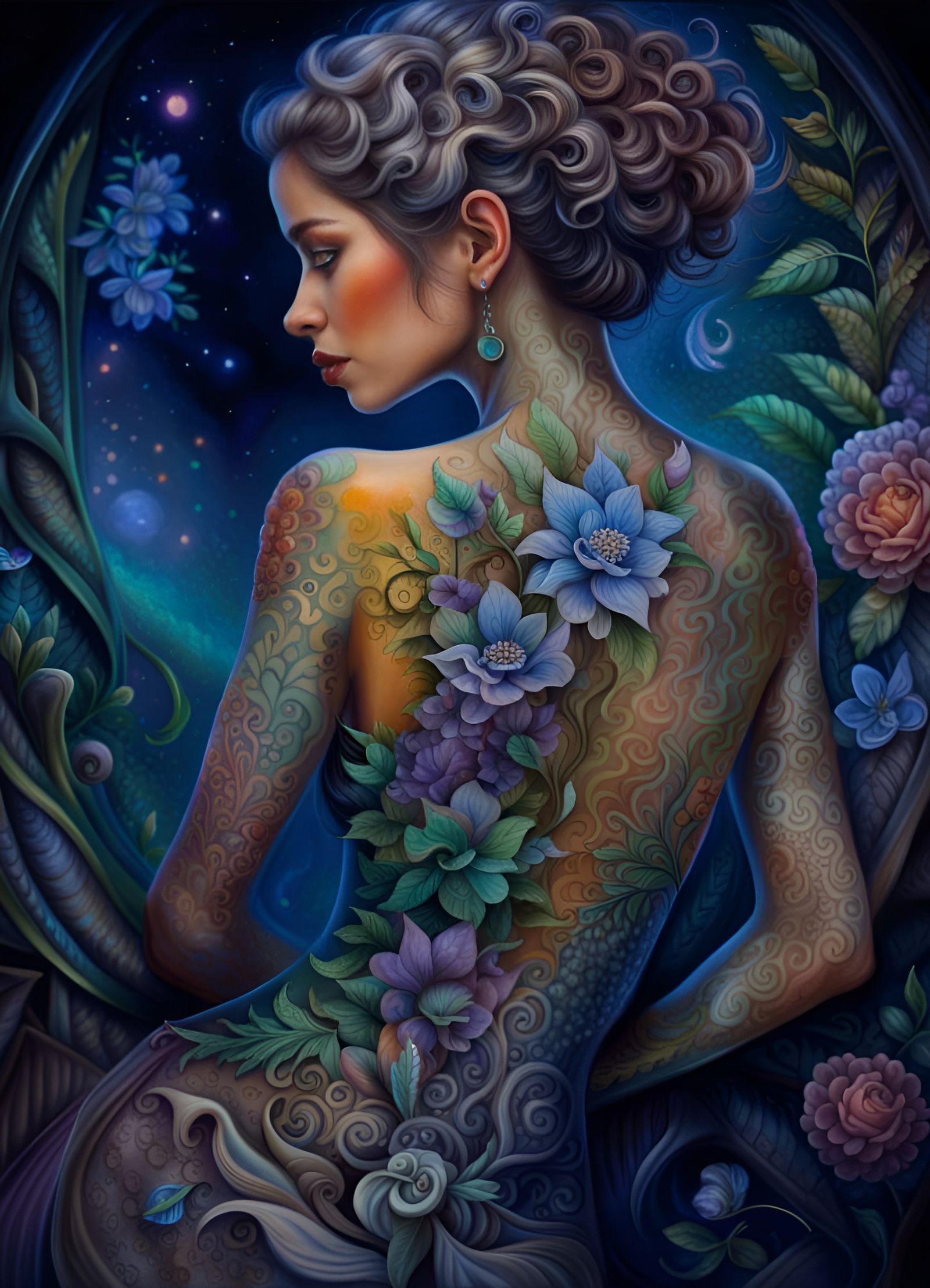 Woman with Iridescent Floral Tattoos: Gouache Style