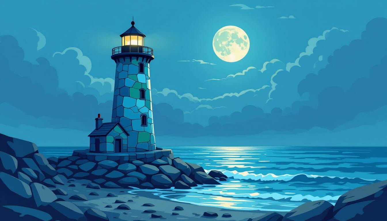 Sea Glass Lighthouse on Rocky Shore Glows Softly