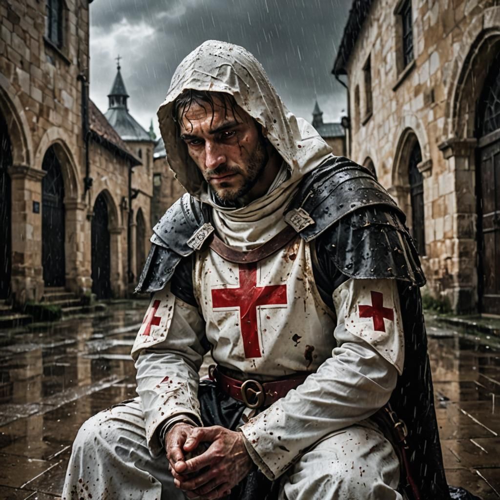 Templar Knight Praying in Rain-Soaked Courtyard