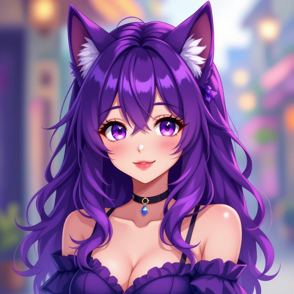 Purple-Haired Werewolf Girl with Kind Aura in Anime Style