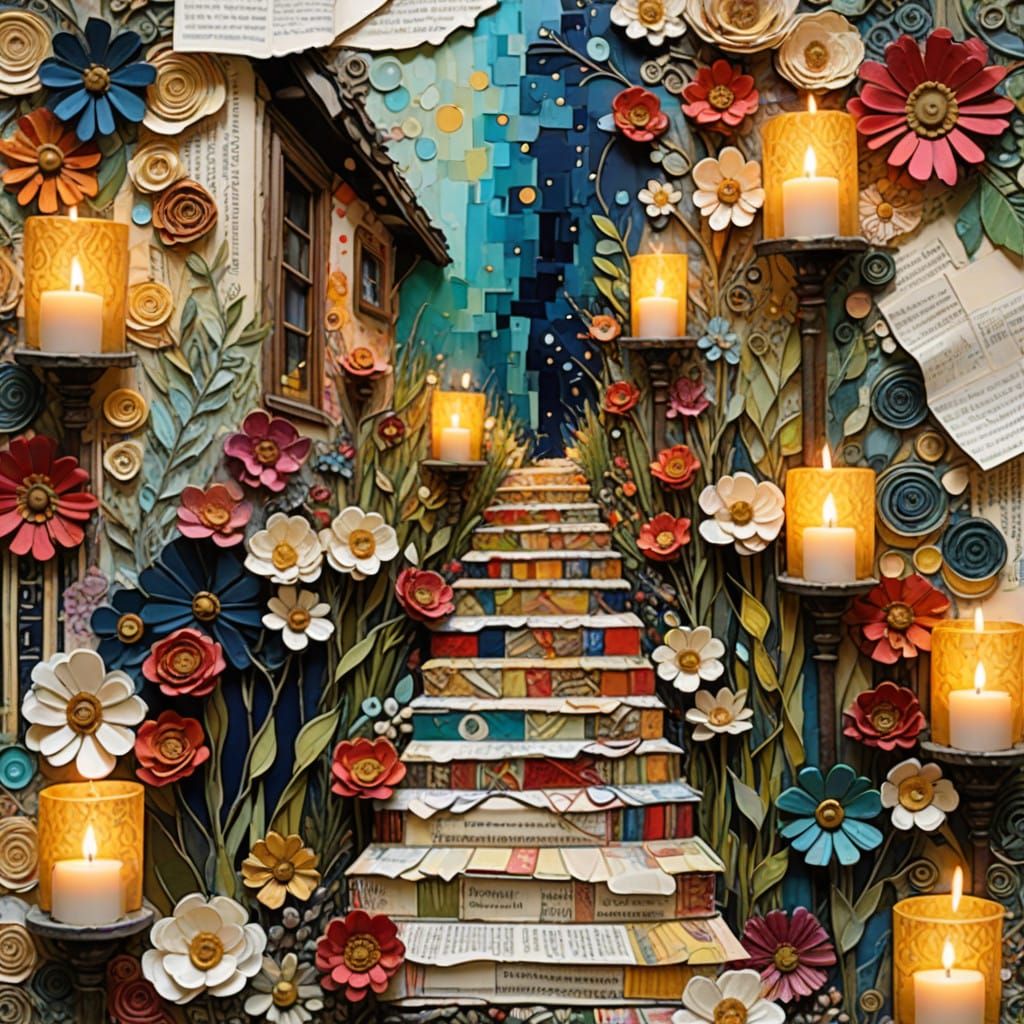 Whimsical Staircase Collage with Candles and Florals