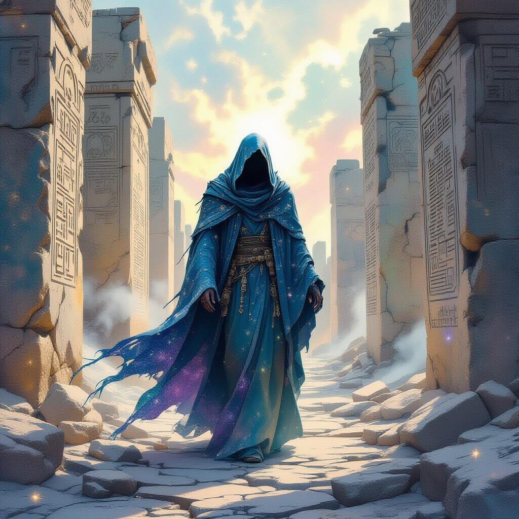 Cosmic Figure Drifting Through Ancient Ruins