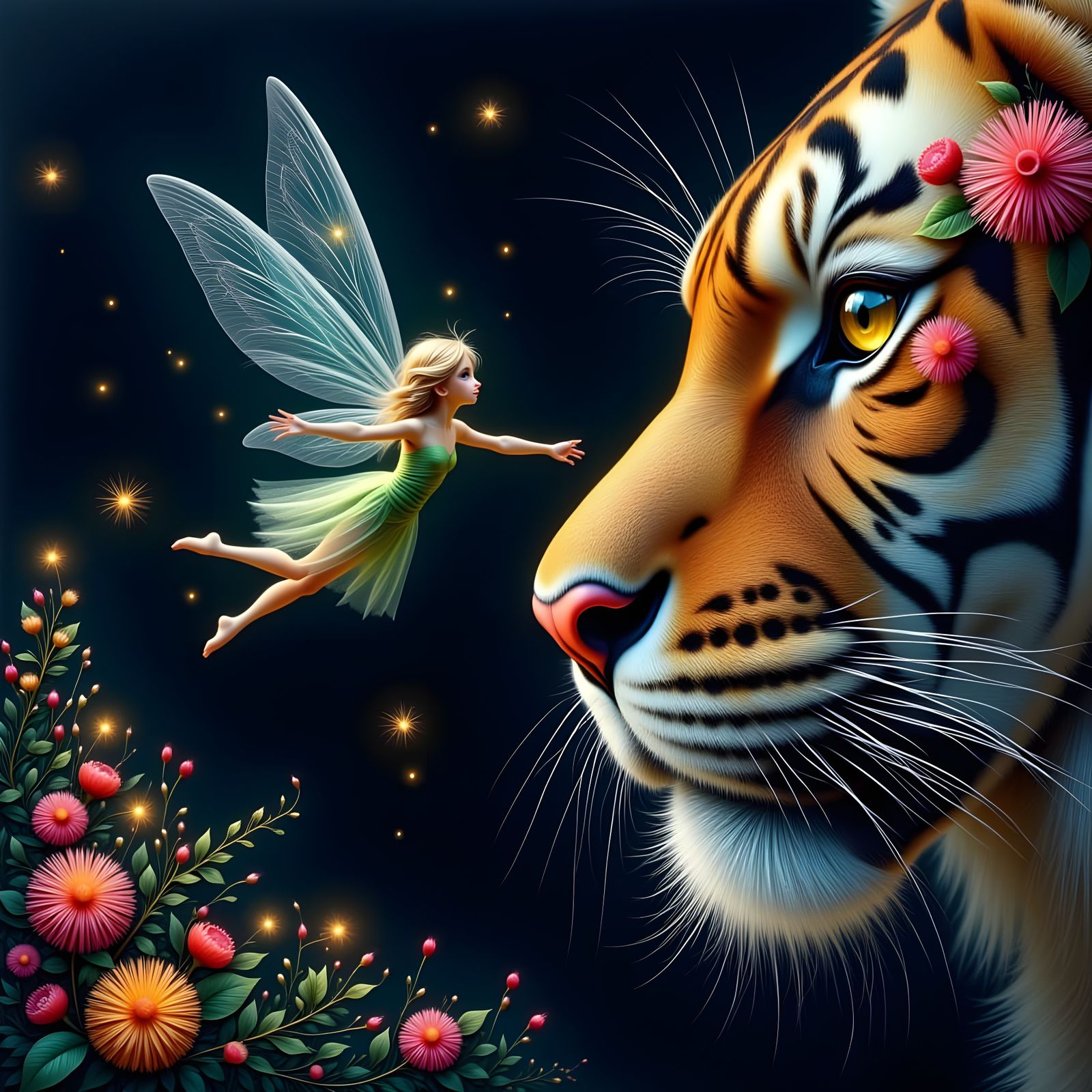 Tiny Fairy Flies on Tiger's Nose in Sketch Style
