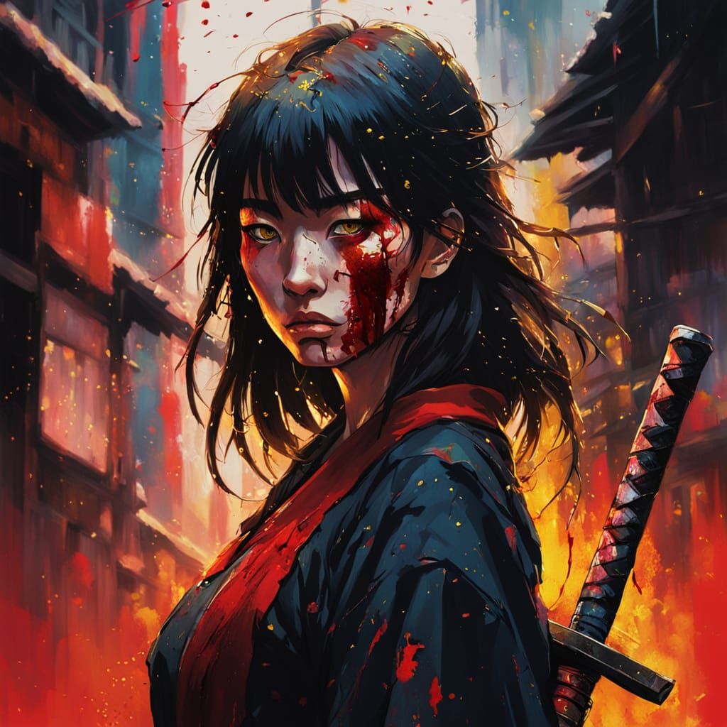 Anime Girl with Katana in Ominous, Vibrant Oil Painting