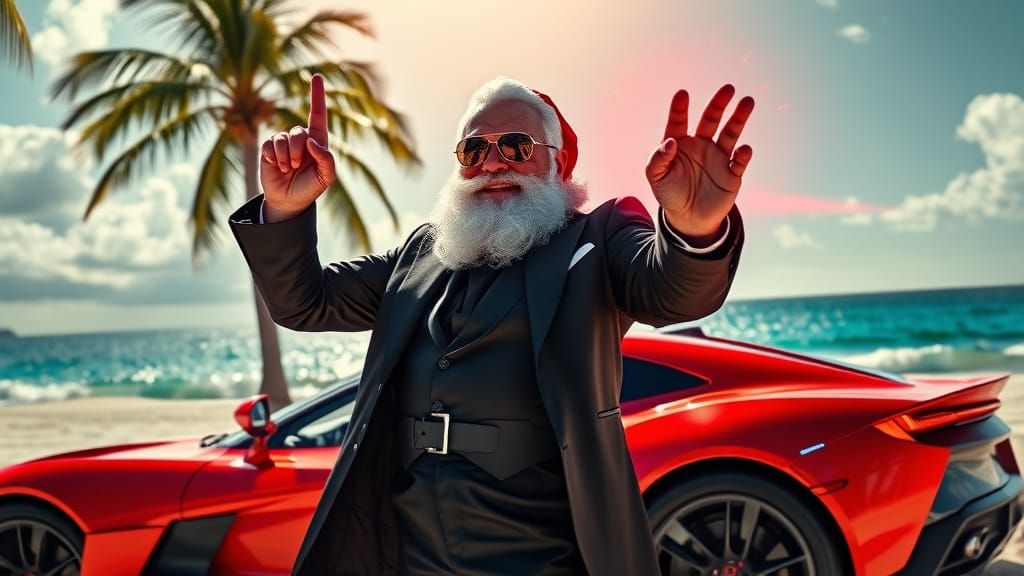 Santa Claus on Tropical Beach in Spy Tuxedo