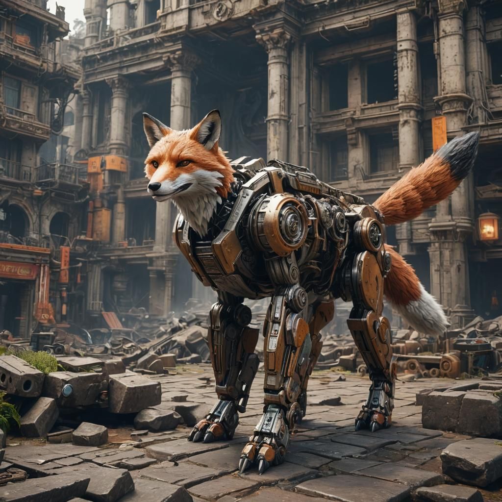 Mechanical Fox Patrolling Ancient City in Sci-Fi Style