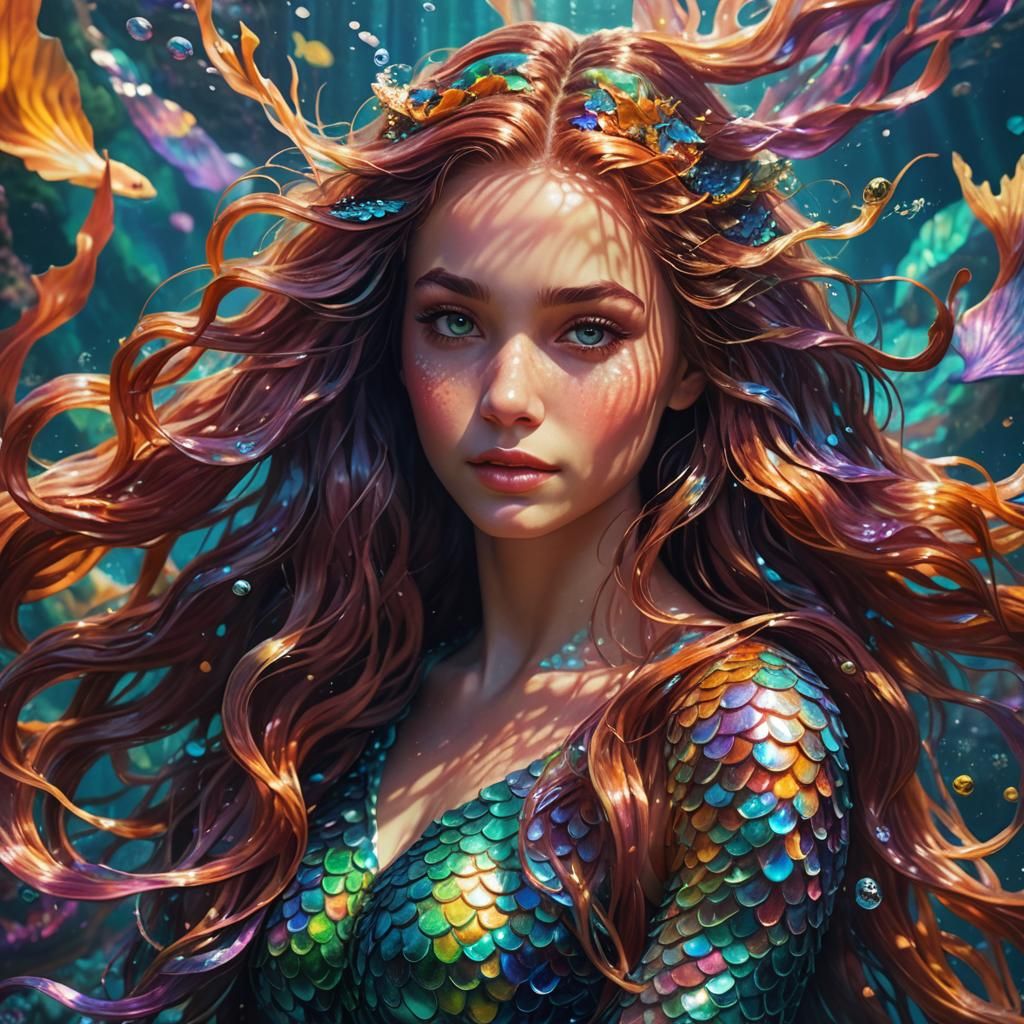 Iridescent Mermaid in Oceanic Abyss: Hyperdetailed Portrait