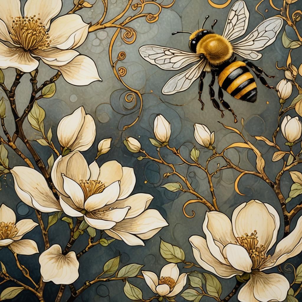 Magnolia and Bee in Art Nouveau Style