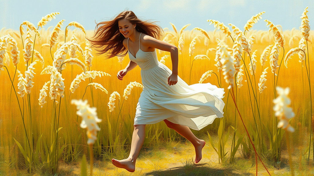 Woman Running Through Golden Field in Impressionist Style