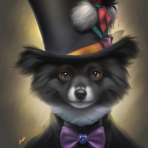Pomeranian in Mad Hatter Hat, Hyperdetailed Portrait