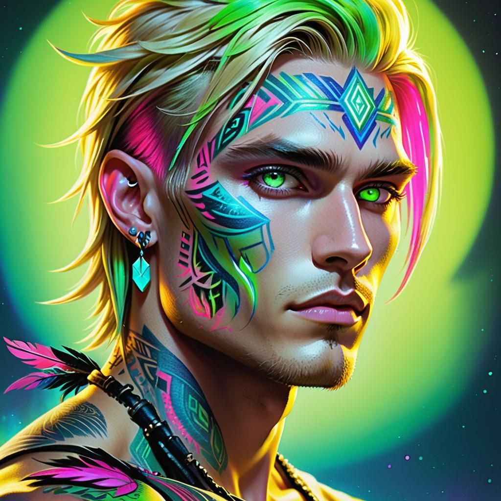 Androgynous Man with Tribal Tattoos in 3D Graffiti Art