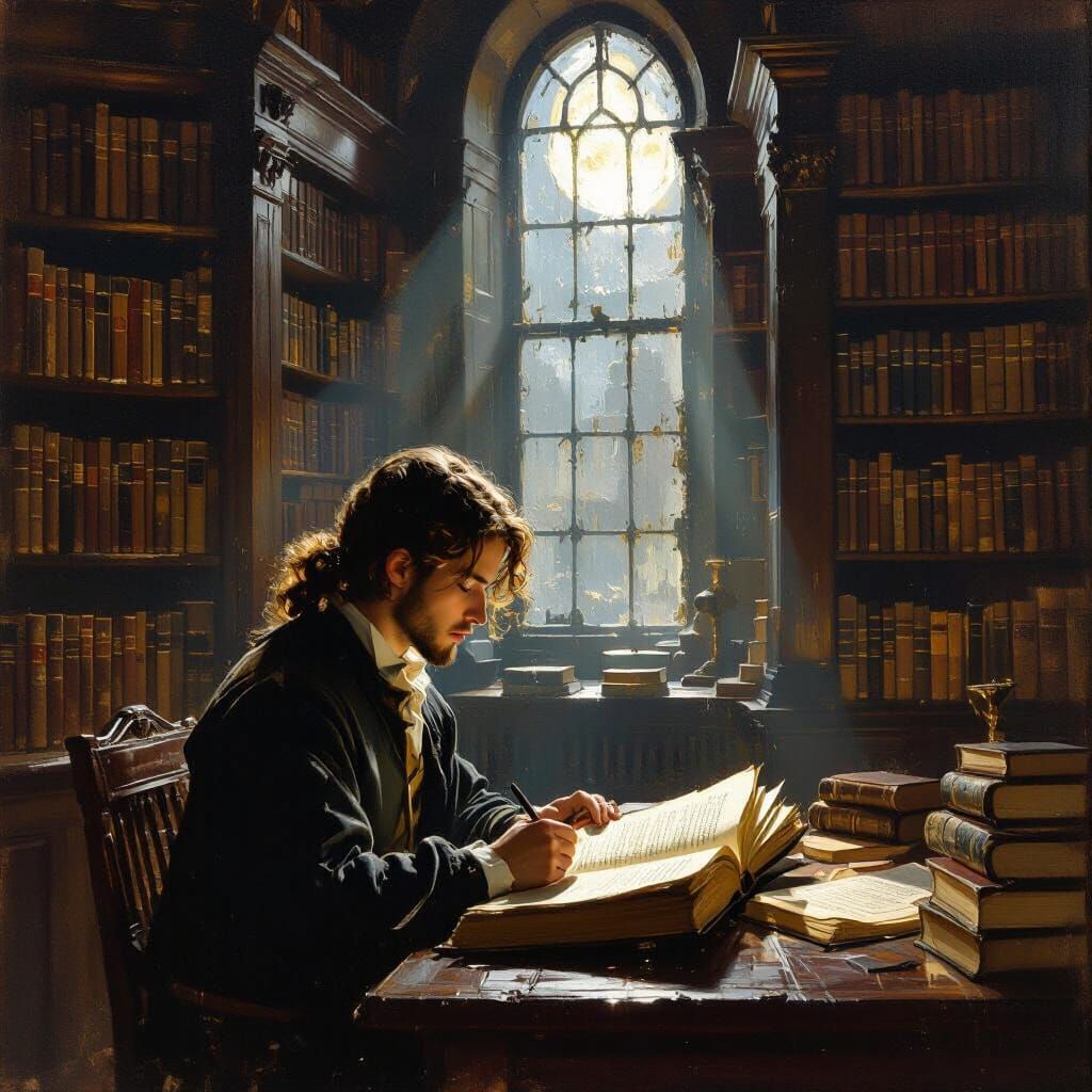 Student Studying Ancient Texts in Moonlit Library