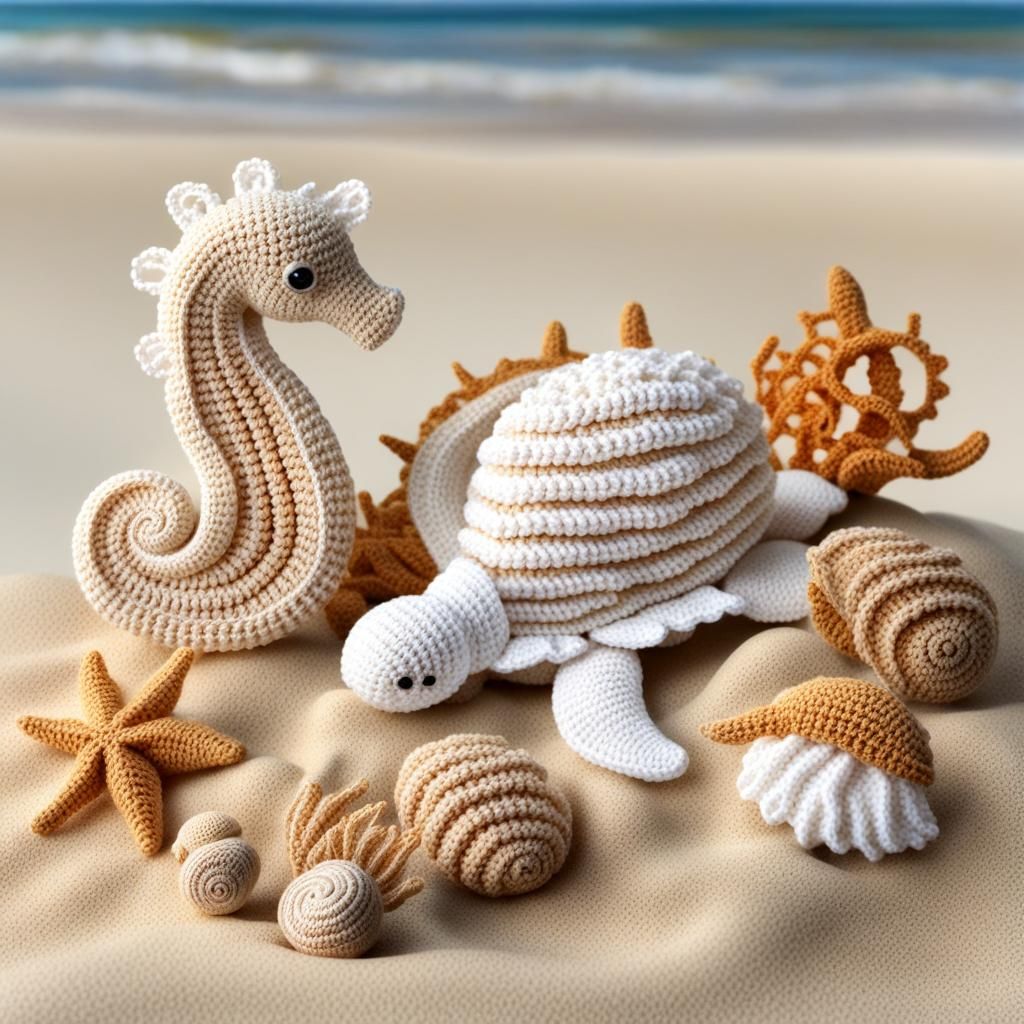 Hyperrealistic Crochet Beach Scene with Seahorses