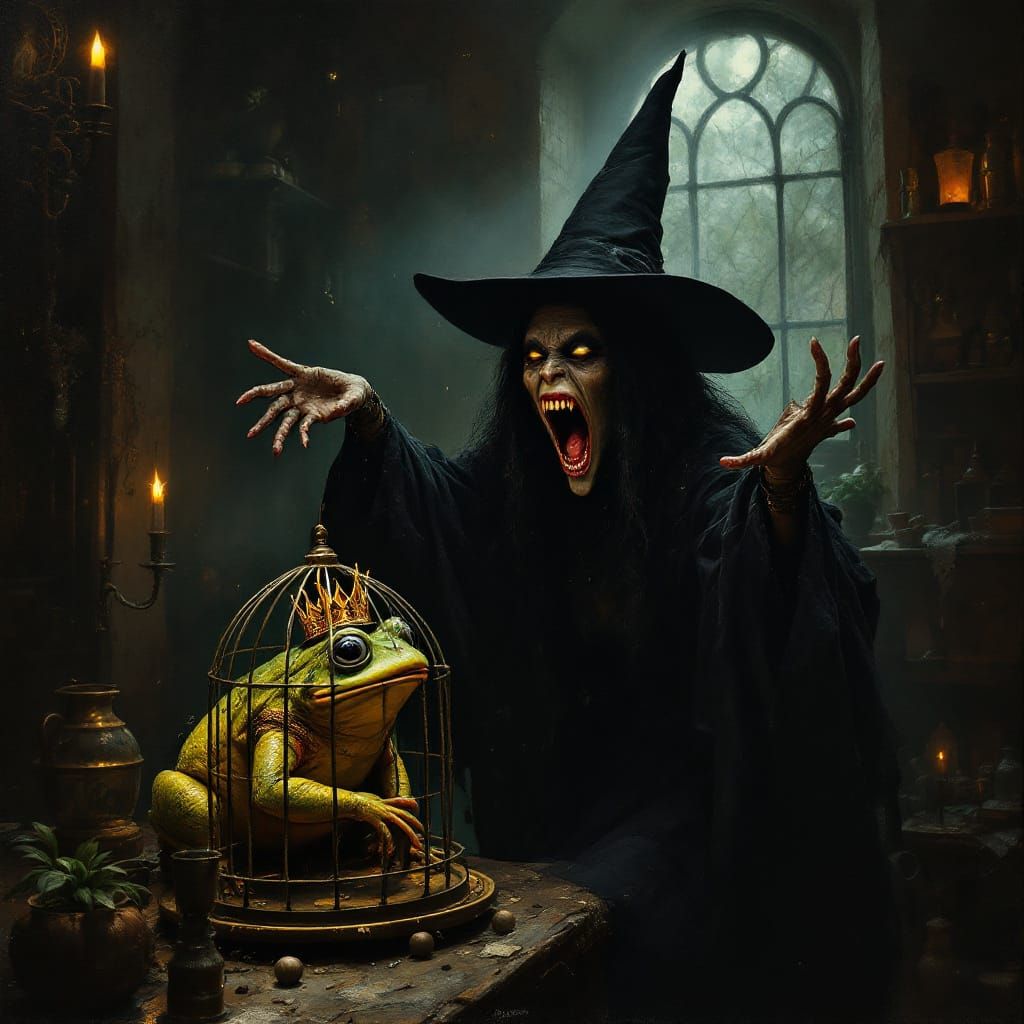 Evil Witch Mocks Crowned Frog in Bird Cage