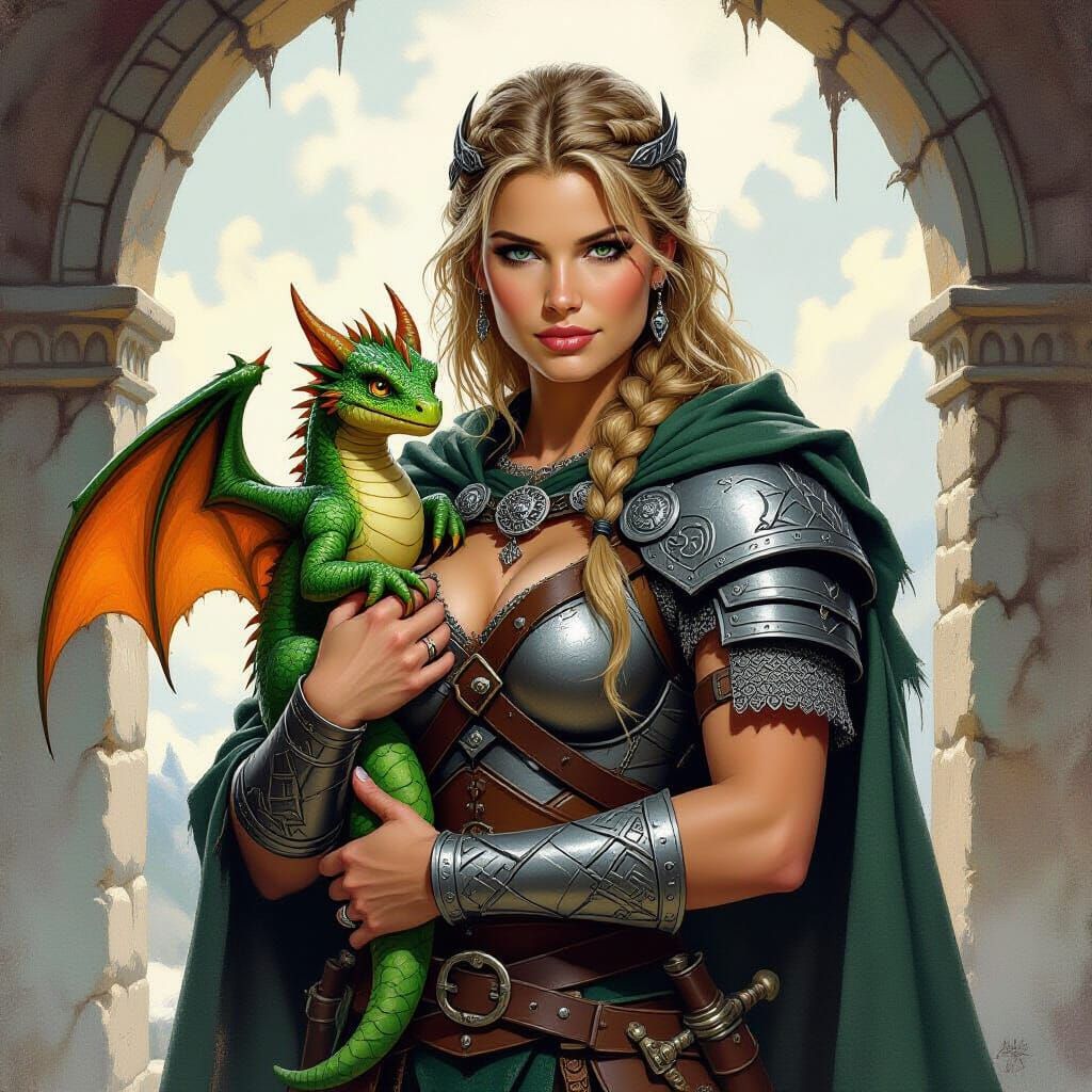 Viking Woman with Dragon in Fantasy Art Style