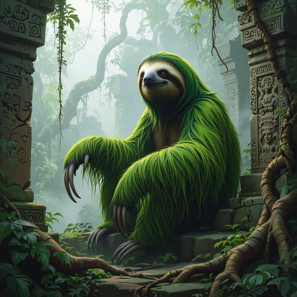 Green Tree Sloth in Ancient Ruins, Matte Painting