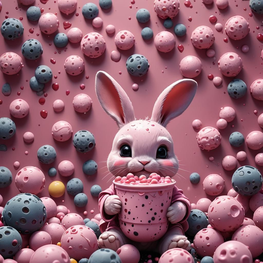 Cute Pink Bunny Holding Boba: Fantasy Concept Art
