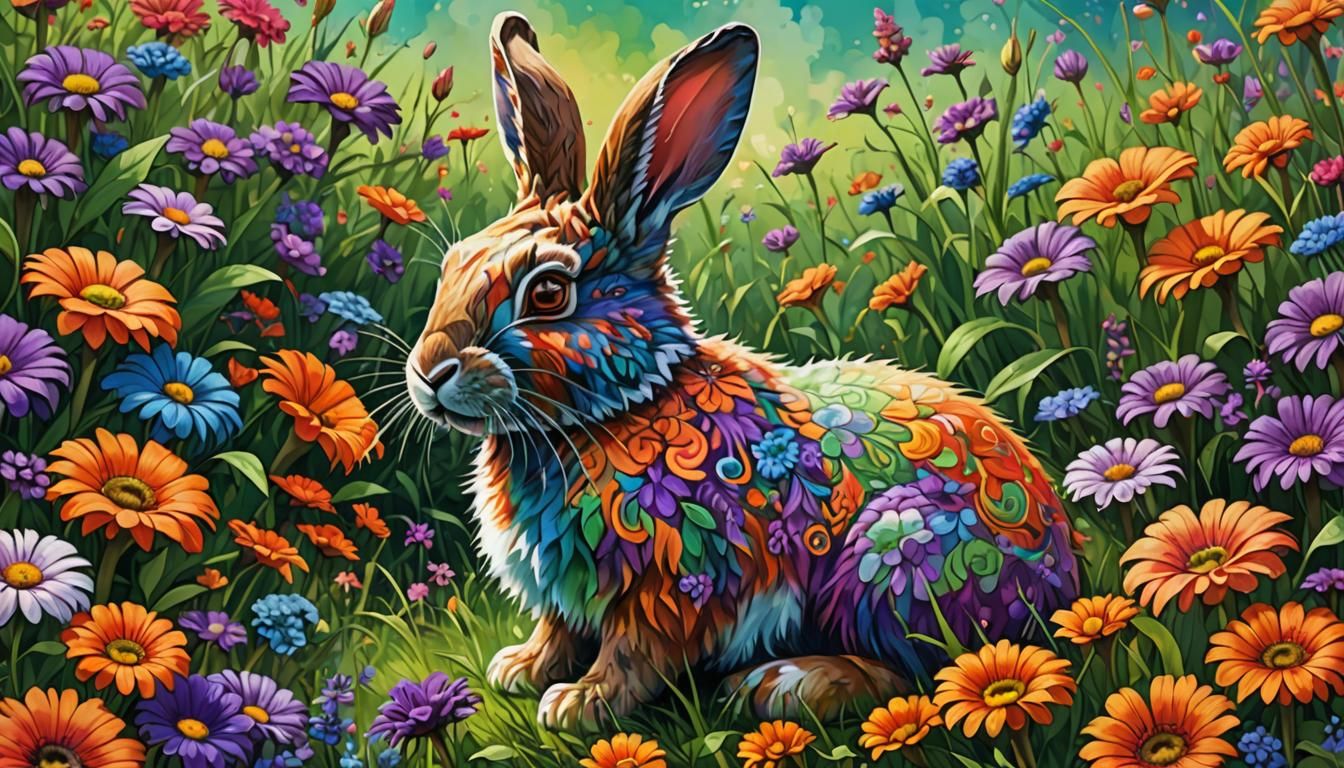 Tie-Dye Rabbit in Sunny Meadow: Digital Art