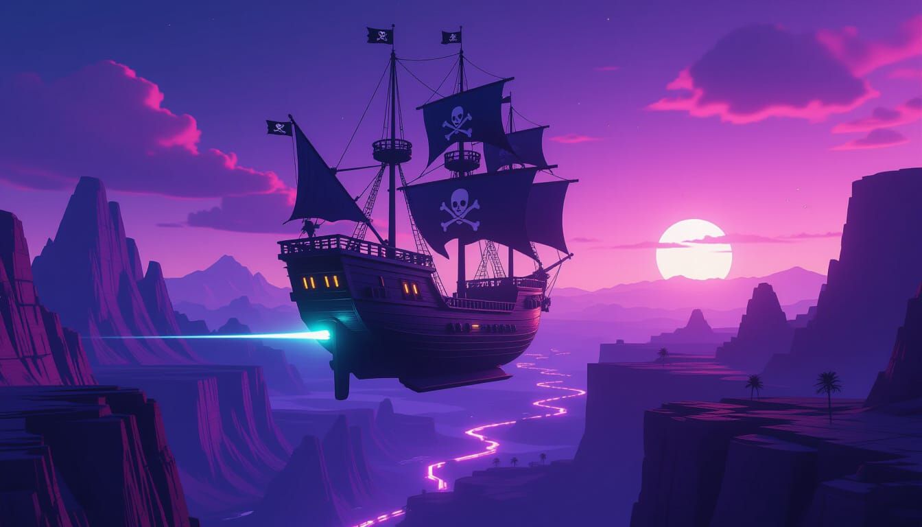 Majestic Pirate Ship in Neon Alien Canyon