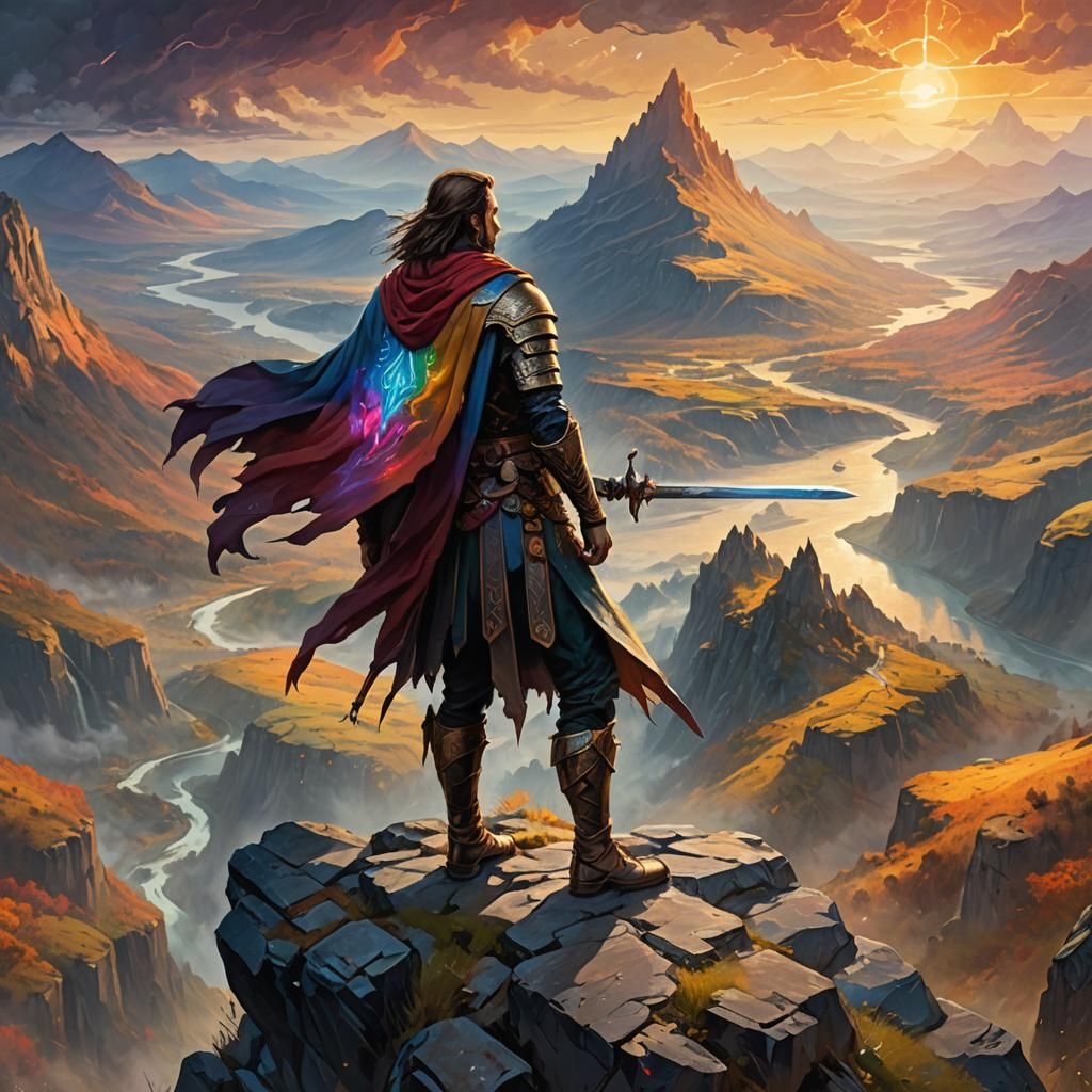 Mystical Warrior Overlooks Fantasy Landscape in Oil Painting