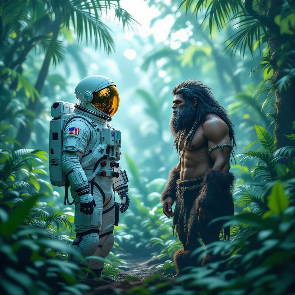 Astronaut and Neanderthal Meet in Dreamlike Jungle