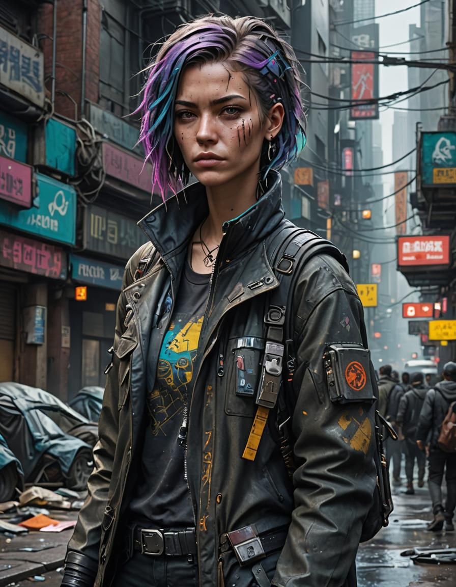 Goodlooking female homeless within the cyberpunk universe