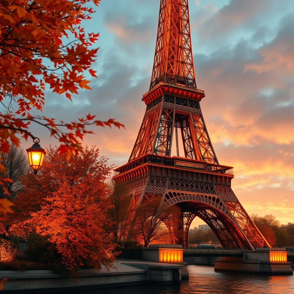 Golden Eiffel Tower in Autumn Parisian Night