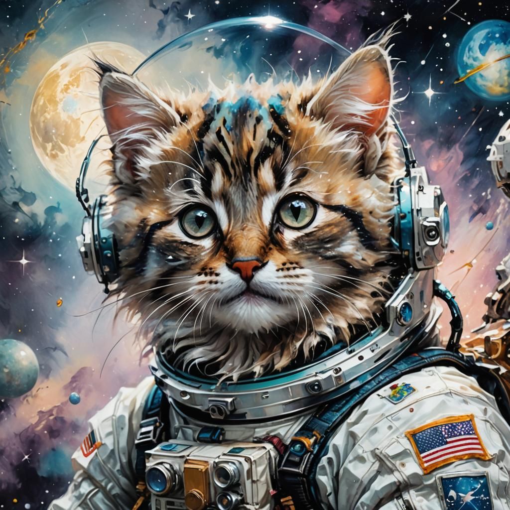 Astronaut Kitten on Enchanted Moon in Space
