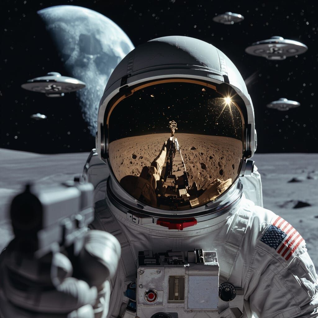 Astronaut on Moon with Flying Saucers and Pistol Reflection
