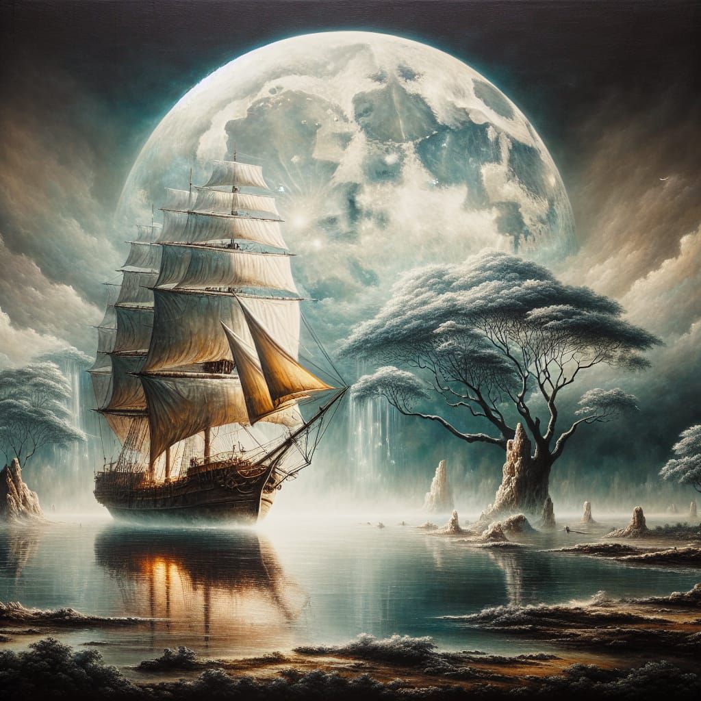 Ethereal Savannah Ship on Glass Sea: Romantic Oil Painting