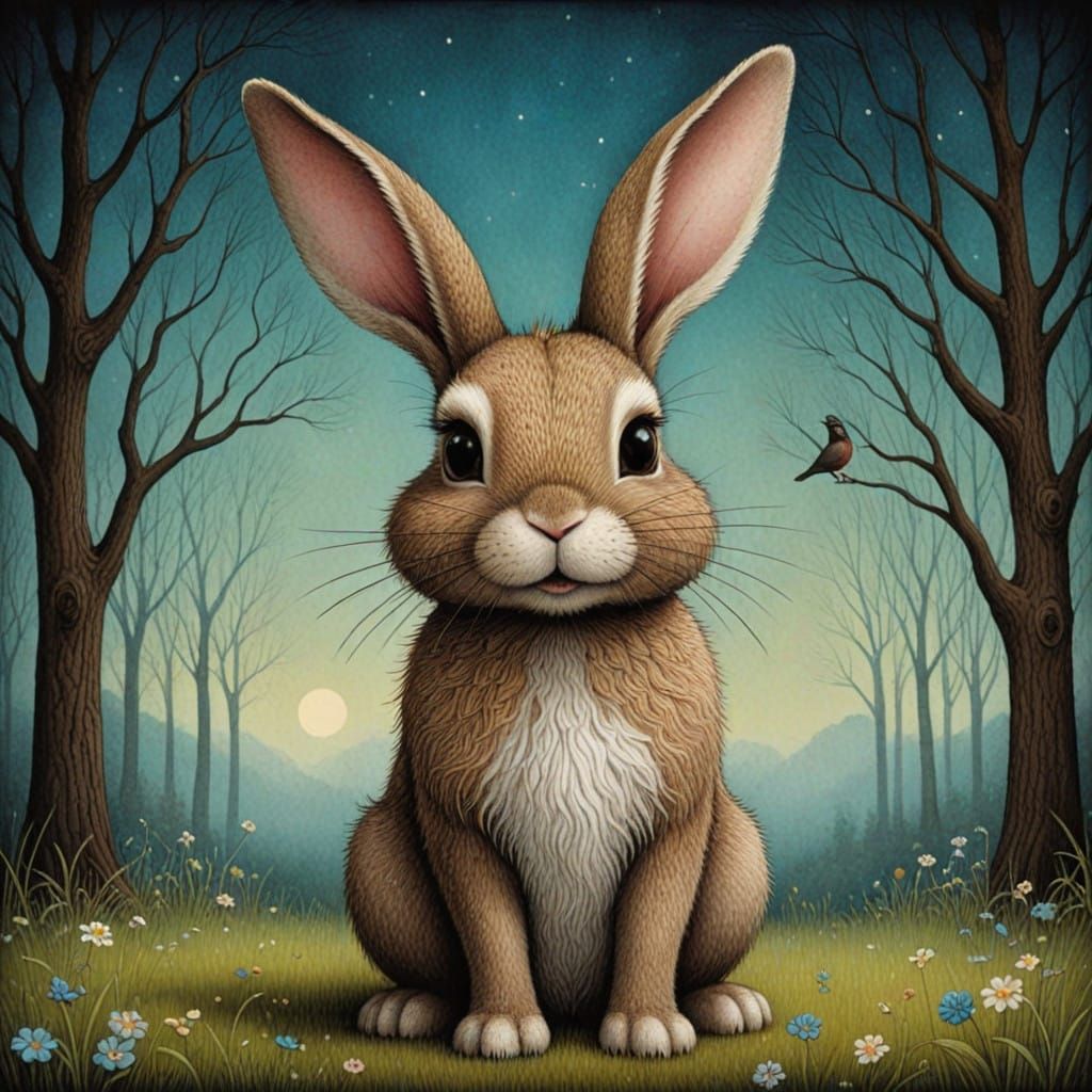 Bunnies and Birds in Whimsical Oil Painting