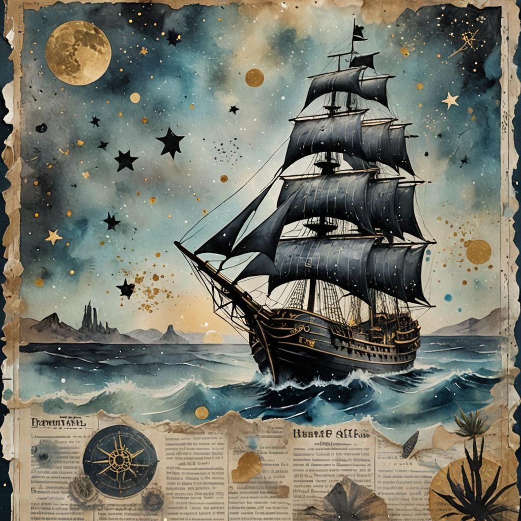 Pirate Ship Collage on Vintage Newspaper