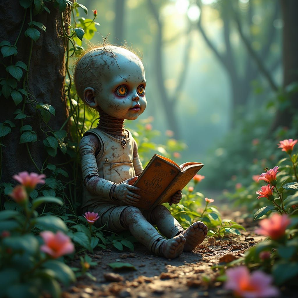 Zombie Doll in Jungle with Comic Book, Dark Fantasy Art